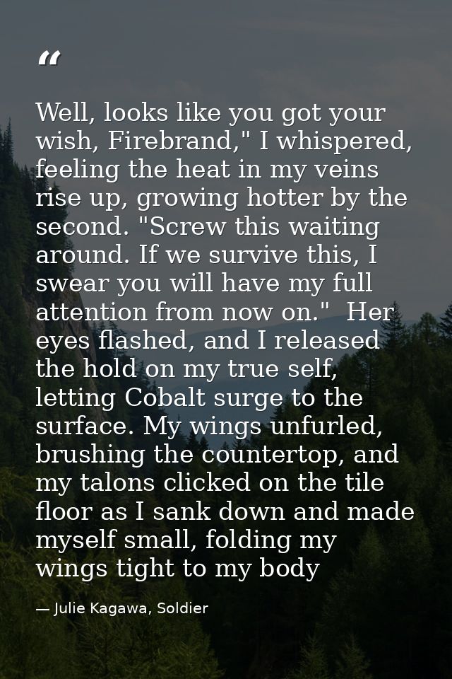 Well, looks like you got your wish, Firebrand," I whispered, feeling the heat in my veins rise up, growing hotter by the — Julie Kagawa, Soldier
