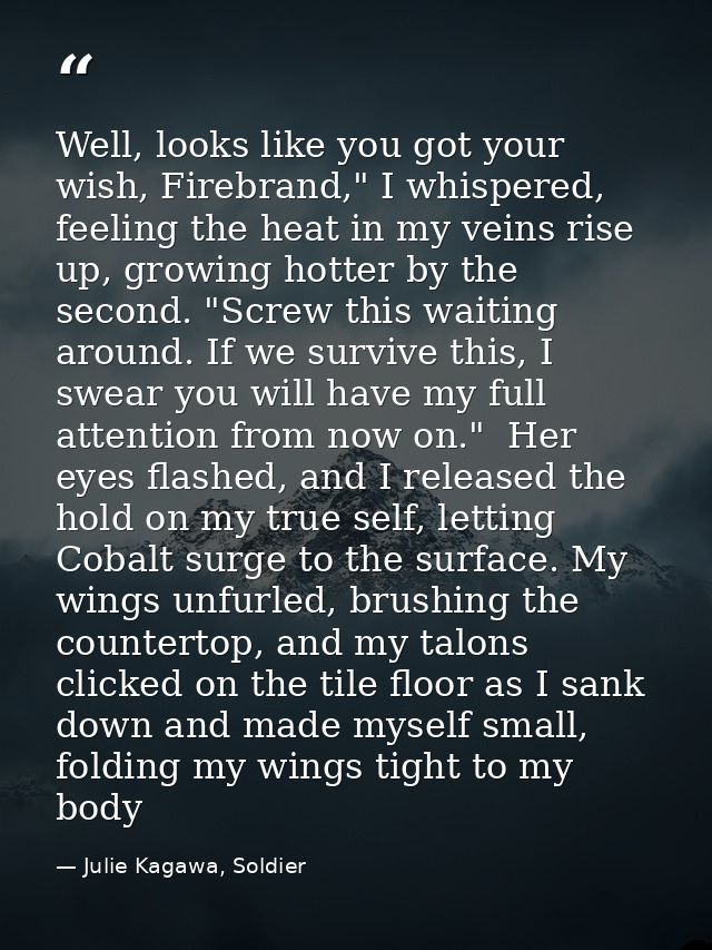 Well, looks like you got your wish, Firebrand," I whispered, feeling the heat in my veins rise up, growing hotter by the — Julie Kagawa, Soldier