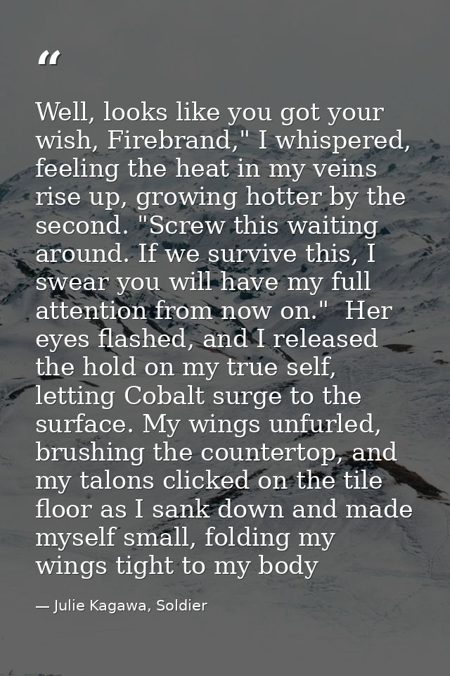 Well, looks like you got your wish, Firebrand," I whispered, feeling the heat in my veins rise up, growing hotter by the — Julie Kagawa, Soldier