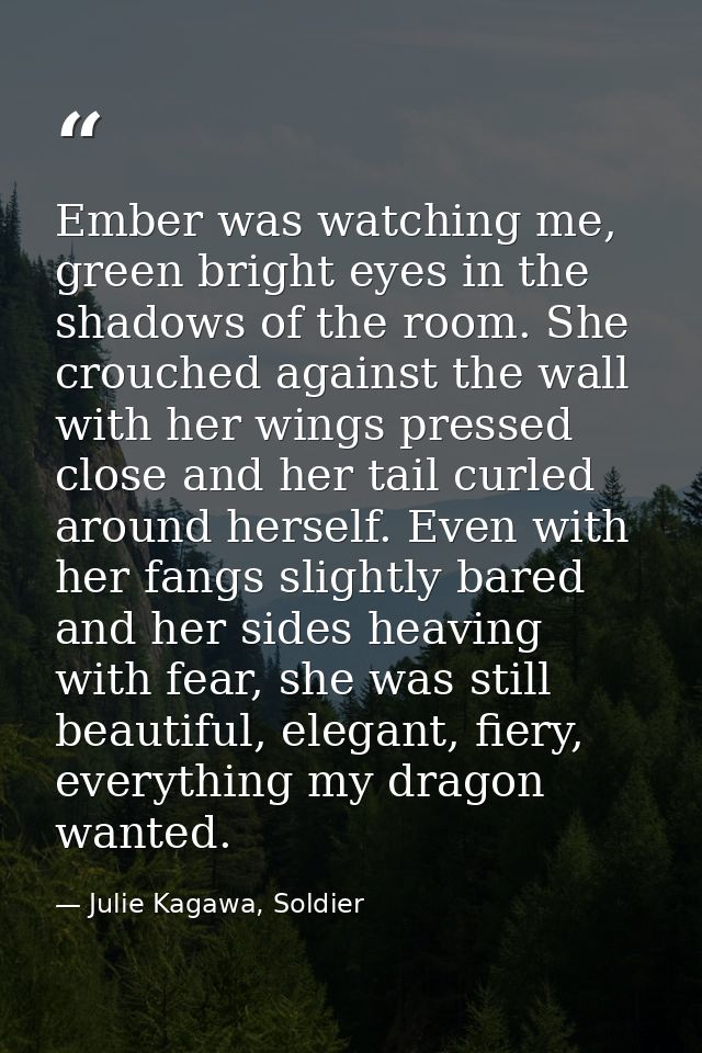 Ember was watching me, green bright eyes in the shadows of the room. She crouched against the wall with her wings presse — Julie Kagawa, Soldier