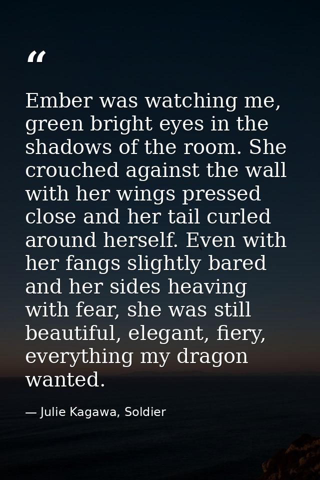Ember was watching me, green bright eyes in the shadows of the room. She crouched against the wall with her wings presse — Julie Kagawa, Soldier