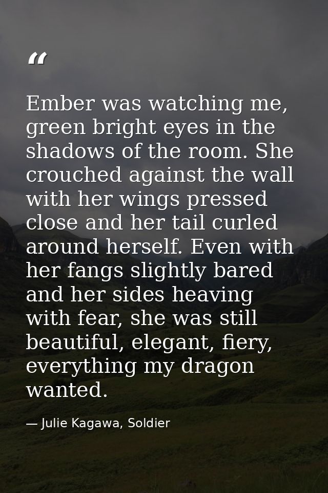 Ember was watching me, green bright eyes in the shadows of the room. She crouched against the wall with her wings presse — Julie Kagawa, Soldier