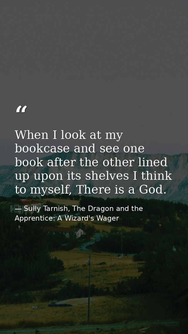 When I look at my bookcase and see one book after the other lined up upon its shelves I think to myself, There is a God. — Sully Tarnish, The Dragon and the Apprentice: A Wizard's Wager
