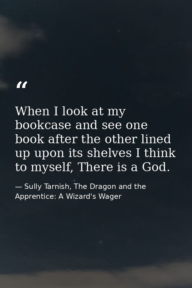 When I look at my bookcase and see one book after the other lined up upon its shelves I think to myself, There is a God. — Sully Tarnish, The Dragon and the Apprentice: A Wizard's Wager