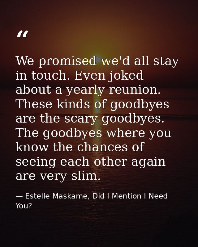 We promised we'd all stay in touch. Even joked about a yearly reunion. These kinds of goodbyes are the scary goodbyes. T — Estelle Maskame, Did I Mention I Need You?