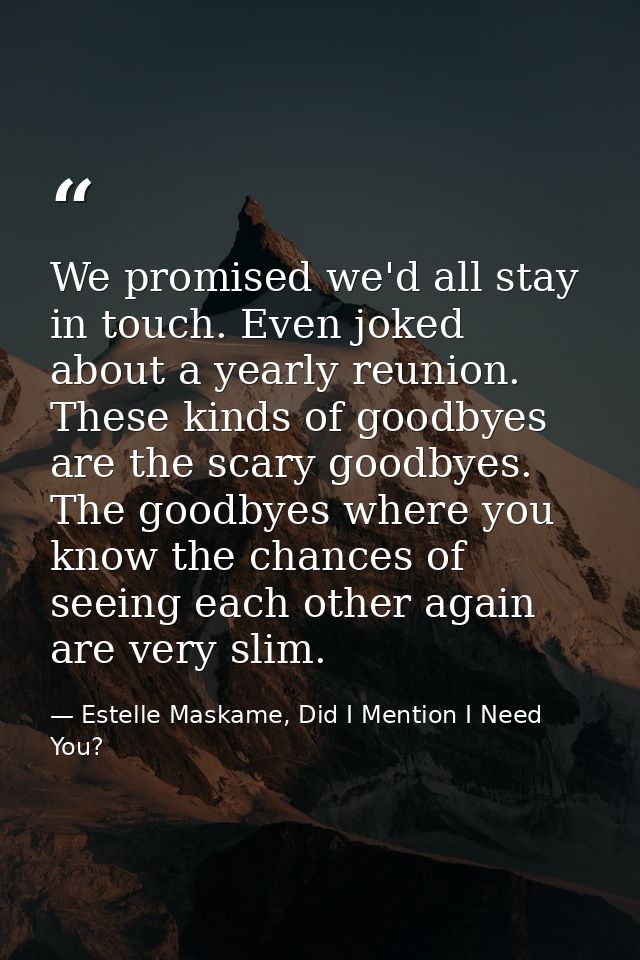 We promised we'd all stay in touch. Even joked about a yearly reunion. These kinds of goodbyes are the scary goodbyes. T — Estelle Maskame, Did I Mention I Need You?