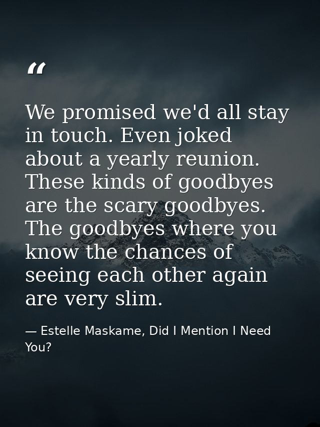 We promised we'd all stay in touch. Even joked about a yearly reunion. These kinds of goodbyes are the scary goodbyes. T — Estelle Maskame, Did I Mention I Need You?