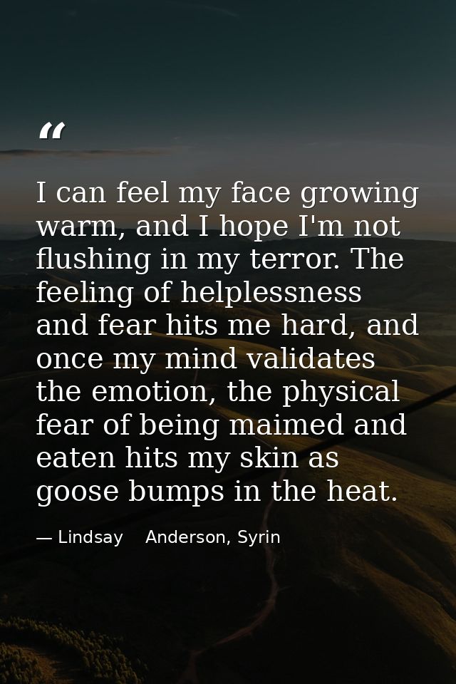 I can feel my face growing warm, and I hope I'm not flushing in my terror. The feeling of helplessness and fear hits me  — Lindsay    Anderson, Syrin