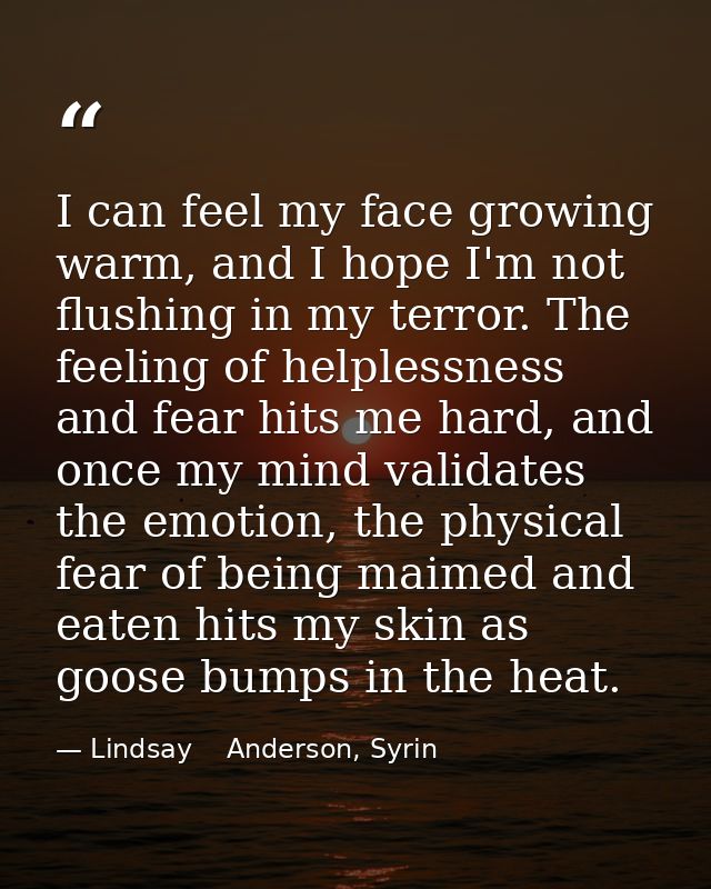 I can feel my face growing warm, and I hope I'm not flushing in my terror. The feeling of helplessness and fear hits me  — Lindsay    Anderson, Syrin