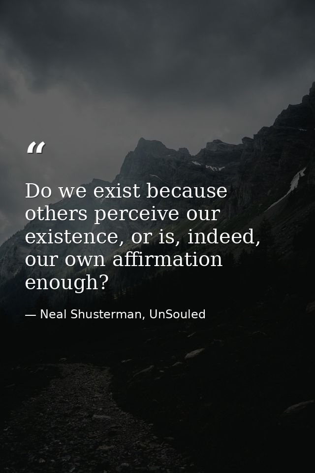 Do we exist because others perceive our existence, or is, indeed, our own affirmation enough? — Neal Shusterman, UnSouled