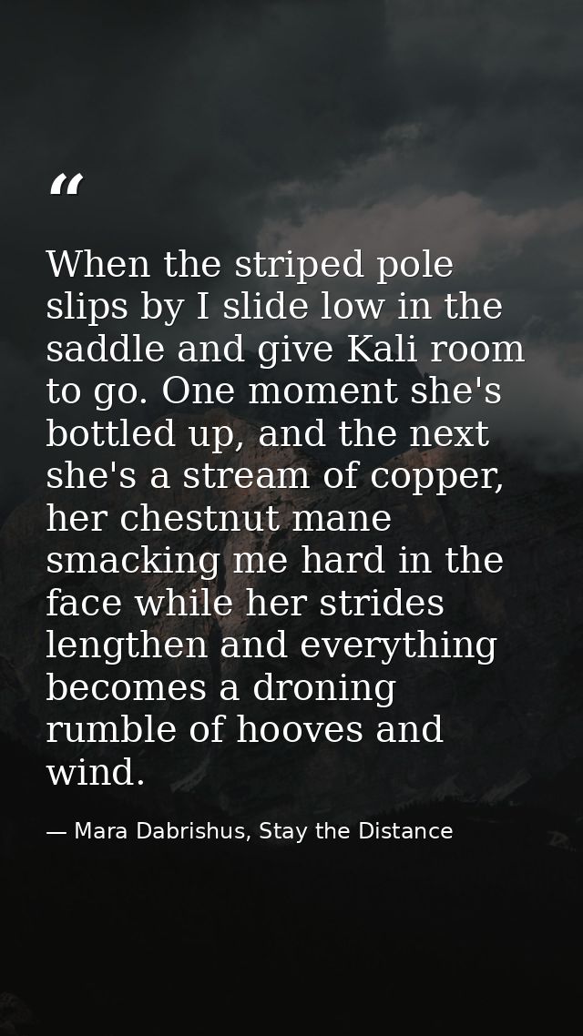 When the striped pole slips by I slide low in the saddle and give Kali room to go. One moment she's bottled up, and the  — Mara Dabrishus, Stay the Distance