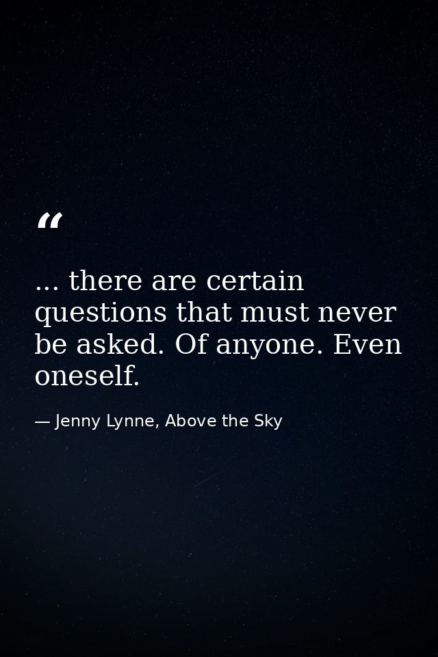 ... there are certain questions that must never be asked. Of anyone. Even oneself. — Jenny Lynne, Above the Sky