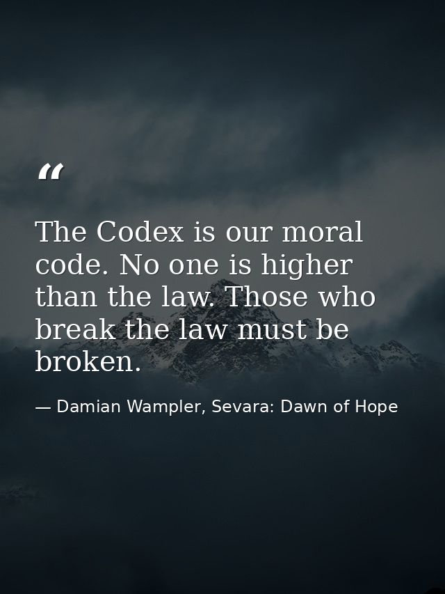 The Codex is our moral code. No one is higher than the law. Those who break the law must be broken. — Damian Wampler, Sevara: Dawn of Hope