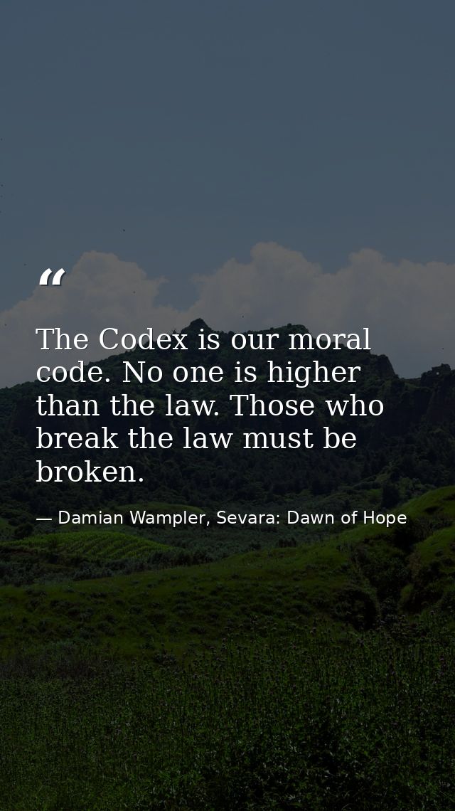 The Codex is our moral code. No one is higher than the law. Those who break the law must be broken. — Damian Wampler, Sevara: Dawn of Hope