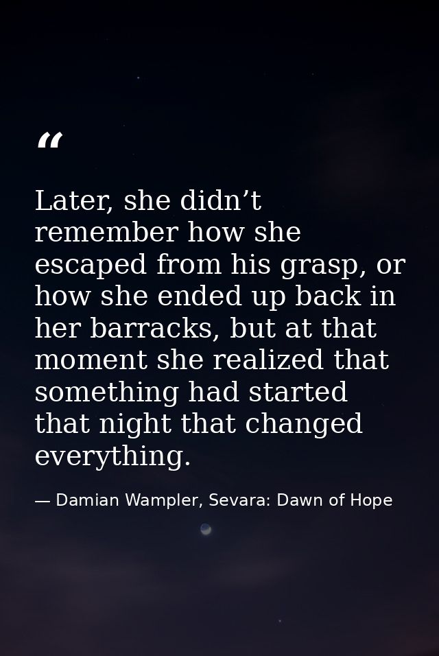Later, she didn’t remember how she escaped from his grasp, or how she ended up back in her barracks, but at that moment  — Damian Wampler, Sevara: Dawn of Hope