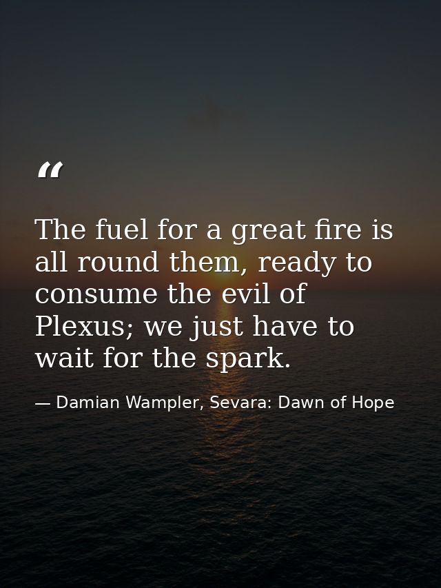 The fuel for a great fire is all round them, ready to consume the evil of Plexus; we just have to wait for the spark. — Damian Wampler, Sevara: Dawn of Hope
