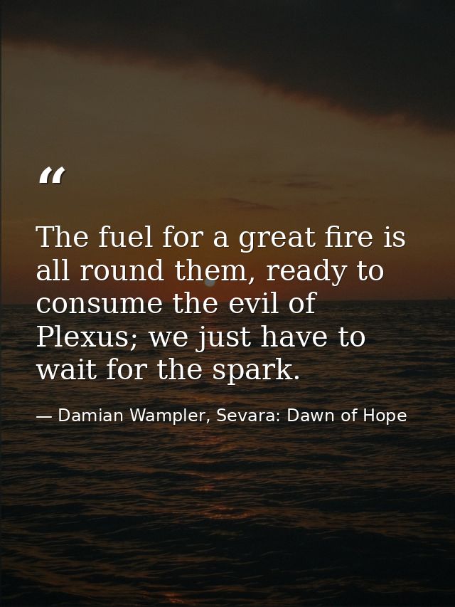 The fuel for a great fire is all round them, ready to consume the evil of Plexus; we just have to wait for the spark. — Damian Wampler, Sevara: Dawn of Hope