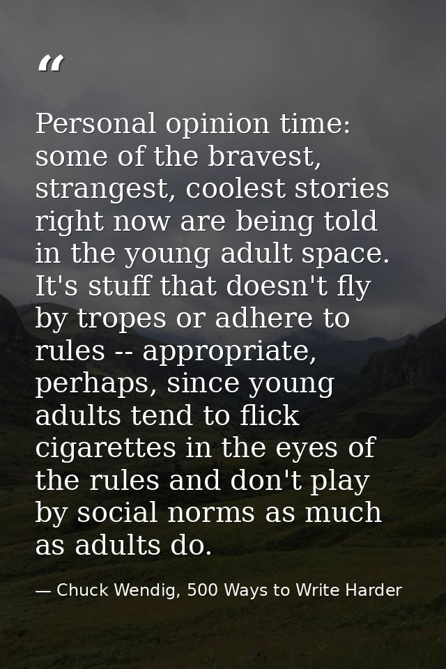 Personal opinion time: some of the bravest, strangest, coolest stories right now are being told in the young adult space — Chuck Wendig, 500 Ways to Write Harder
