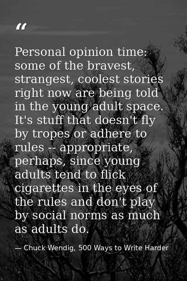 Personal opinion time: some of the bravest, strangest, coolest stories right now are being told in the young adult space — Chuck Wendig, 500 Ways to Write Harder