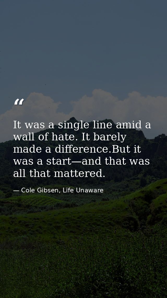 It was a single line amid a wall of hate. It barely made a difference.But it was a start—and that was all that mattered. — Cole Gibsen, Life Unaware