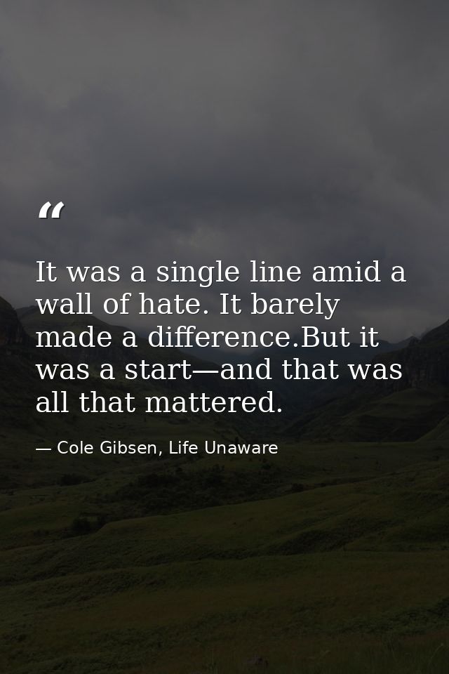 It was a single line amid a wall of hate. It barely made a difference.But it was a start—and that was all that mattered. — Cole Gibsen, Life Unaware