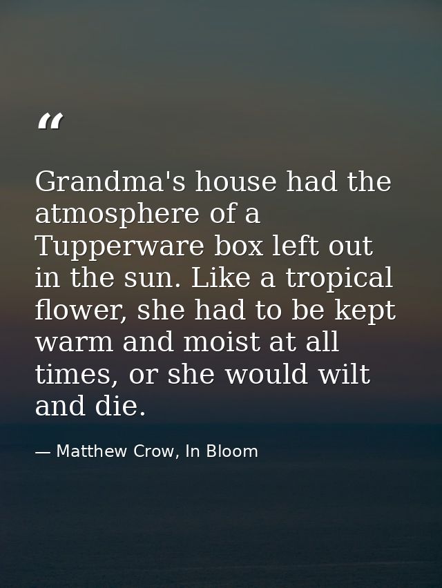 Grandma's house had the atmosphere of a Tupperware box left out in the sun. Like a tropical flower, she had to be kept w — Matthew Crow, In Bloom