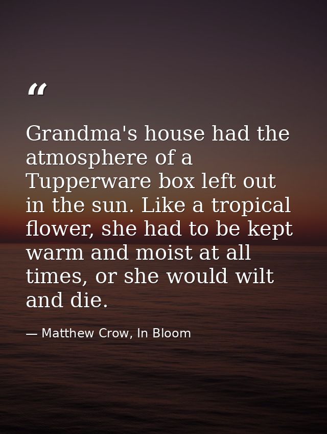 Grandma's house had the atmosphere of a Tupperware box left out in the sun. Like a tropical flower, she had to be kept w — Matthew Crow, In Bloom