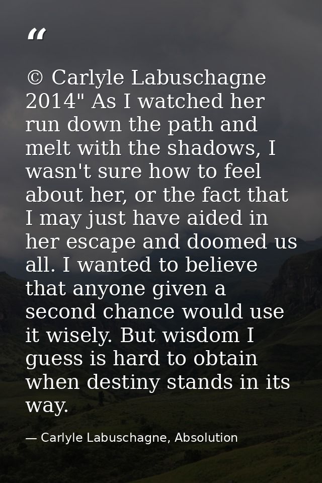 © Carlyle Labuschagne 2014" As I watched her run down the path and melt with the shadows, I wasn't sure how to feel abou — Carlyle Labuschagne, Absolution