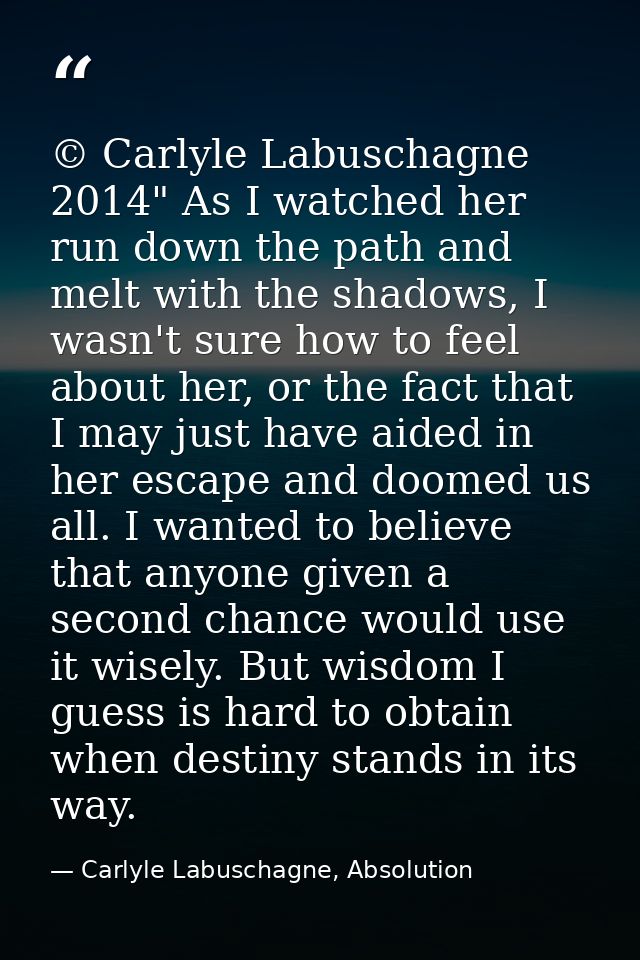 © Carlyle Labuschagne 2014" As I watched her run down the path and melt with the shadows, I wasn't sure how to feel abou — Carlyle Labuschagne, Absolution
