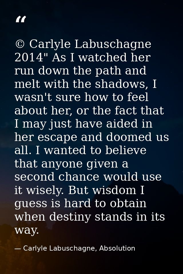 © Carlyle Labuschagne 2014" As I watched her run down the path and melt with the shadows, I wasn't sure how to feel abou — Carlyle Labuschagne, Absolution