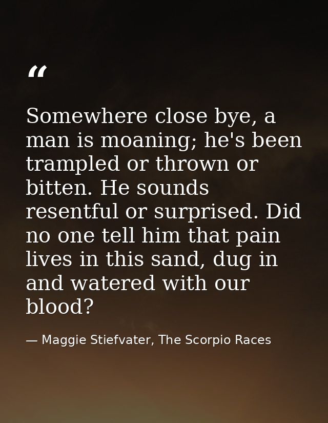 Somewhere close bye, a man is moaning; he's been trampled or thrown or bitten. He sounds resentful or surprised. Did no  — Maggie Stiefvater, The Scorpio Races