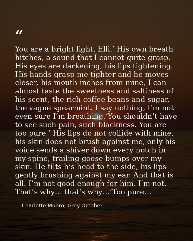 You are a bright light, Elli.’ His own breath hitches, a sound that I cannot quite grasp. His eyes are darkening, his li — Charlotte Munro, Grey October
