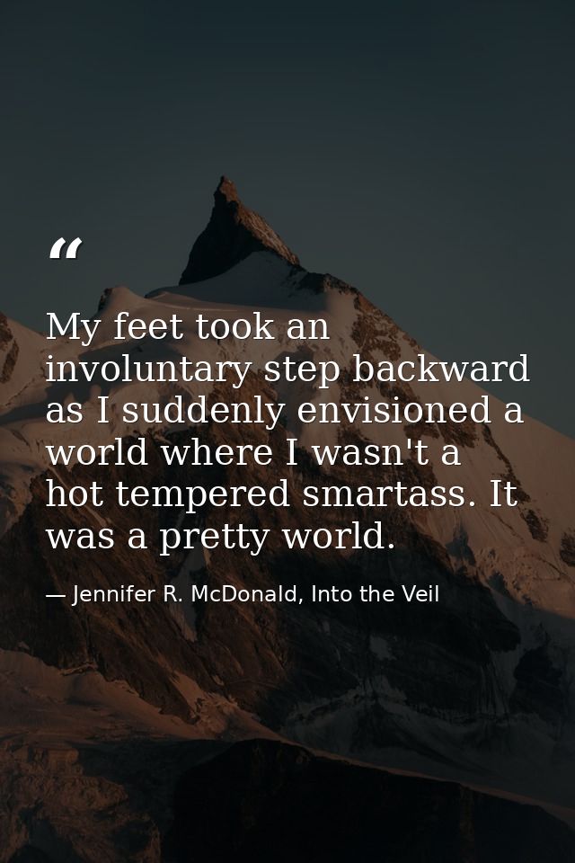 My feet took an involuntary step backward as I suddenly envisioned a world where I wasn't a hot tempered smartass. It wa — Jennifer R. McDonald, Into the Veil