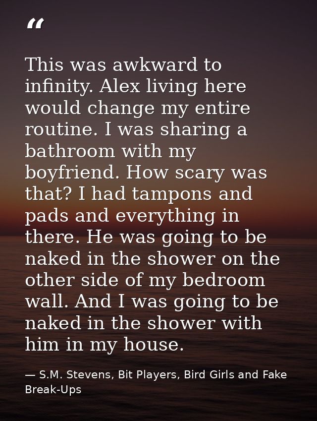 This was awkward to infinity. Alex living here would change my entire routine. I was sharing a bathroom with my boyfrien — S.M. Stevens, Bit Players, Bird Girls and Fake Break-Ups