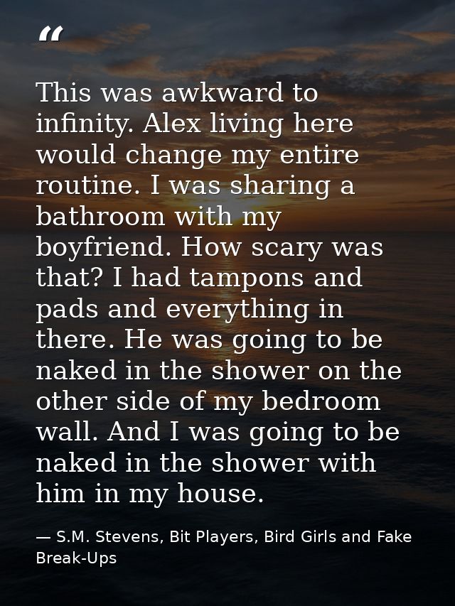 This was awkward to infinity. Alex living here would change my entire routine. I was sharing a bathroom with my boyfrien — S.M. Stevens, Bit Players, Bird Girls and Fake Break-Ups