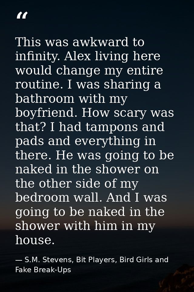 This was awkward to infinity. Alex living here would change my entire routine. I was sharing a bathroom with my boyfrien — S.M. Stevens, Bit Players, Bird Girls and Fake Break-Ups