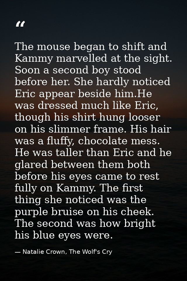 The mouse began to shift and Kammy marvelled at the sight. Soon a second boy stood before her. She hardly noticed Eric a — Natalie Crown, The Wolf's Cry