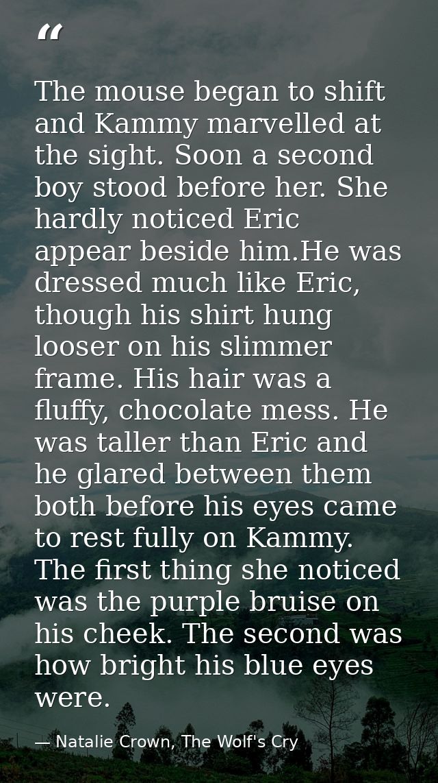 The mouse began to shift and Kammy marvelled at the sight. Soon a second boy stood before her. She hardly noticed Eric a — Natalie Crown, The Wolf's Cry