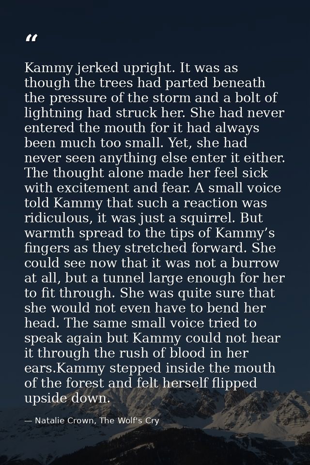 Kammy jerked upright. It was as though the trees had parted beneath the pressure of the storm and a bolt of lightning ha — Natalie Crown, The Wolf's Cry