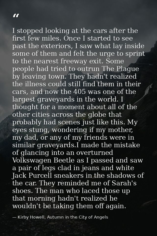 I stopped looking at the cars after the first few miles. Once I started to see past the exteriors, I saw what lay inside — Kirby Howell, Autumn in the City of Angels