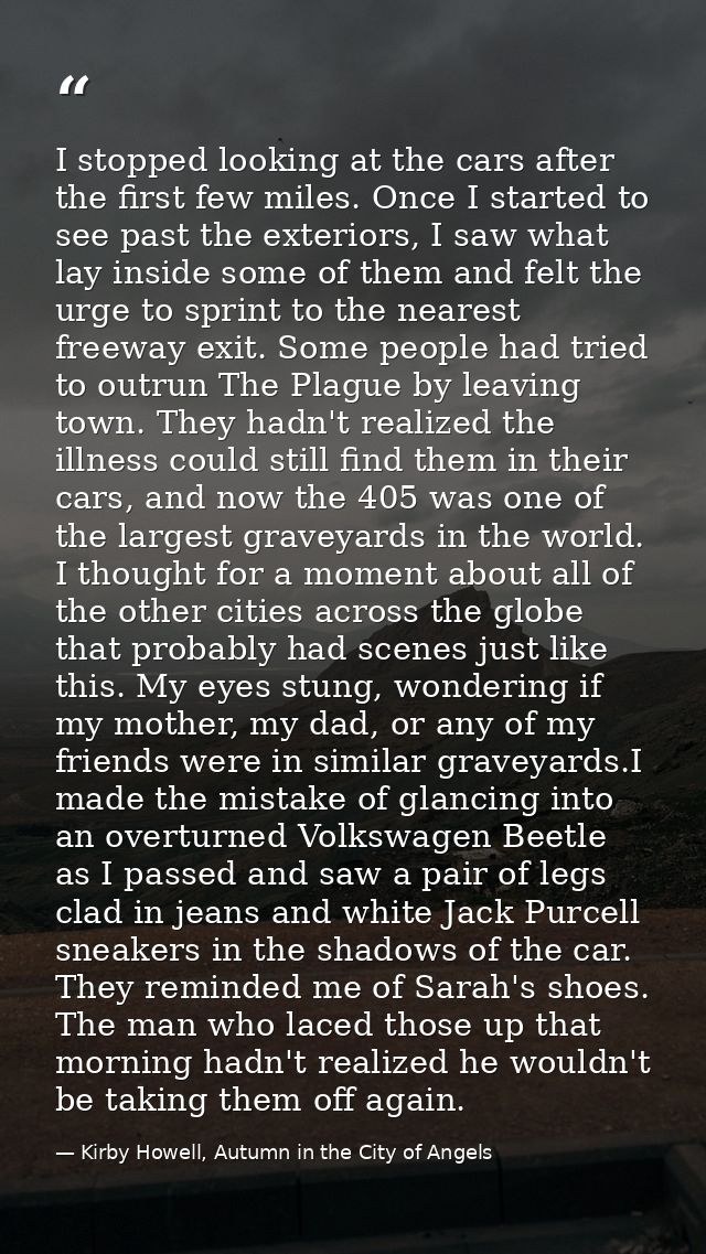 I stopped looking at the cars after the first few miles. Once I started to see past the exteriors, I saw what lay inside — Kirby Howell, Autumn in the City of Angels