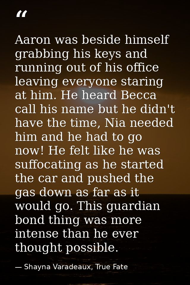 Aaron was beside himself grabbing his keys and running out of his office leaving everyone staring at him. He heard Becca — Shayna Varadeaux, True Fate