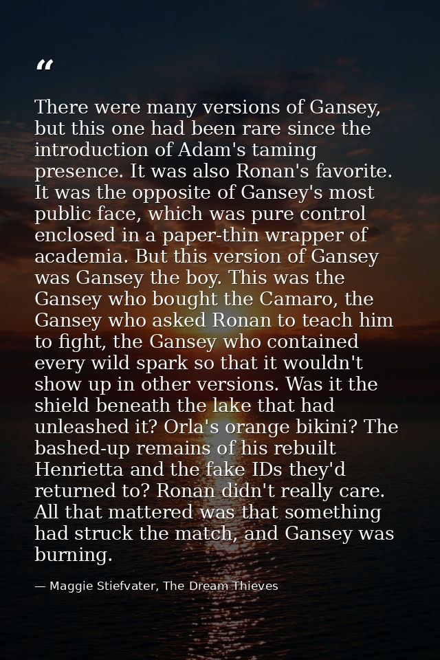 There were many versions of Gansey, but this one had been rare since the introduction of Adam's taming presence. It was  — Maggie Stiefvater, The Dream Thieves