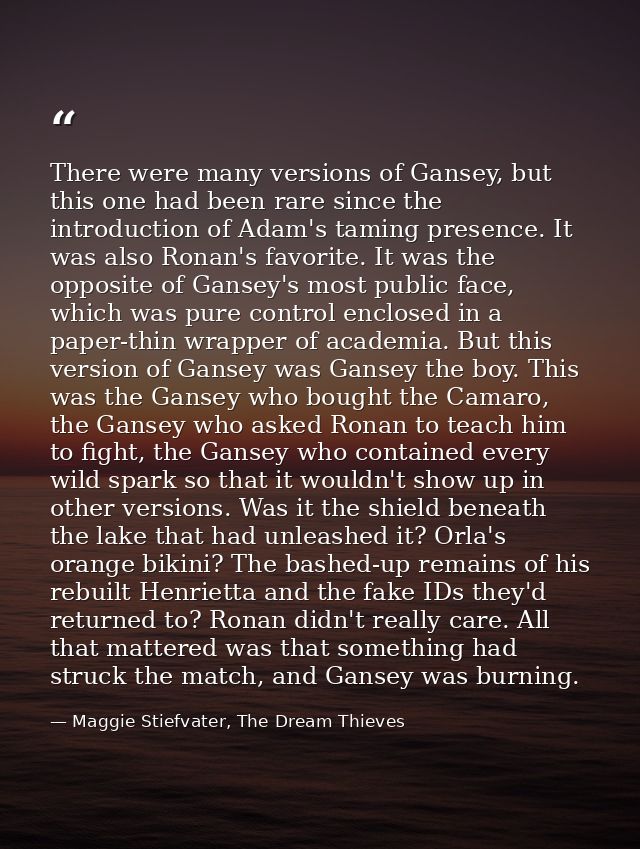 There were many versions of Gansey, but this one had been rare since the introduction of Adam's taming presence. It was  — Maggie Stiefvater, The Dream Thieves
