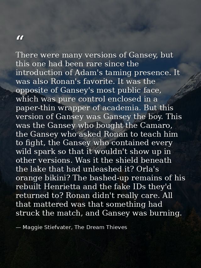 There were many versions of Gansey, but this one had been rare since the introduction of Adam's taming presence. It was  — Maggie Stiefvater, The Dream Thieves