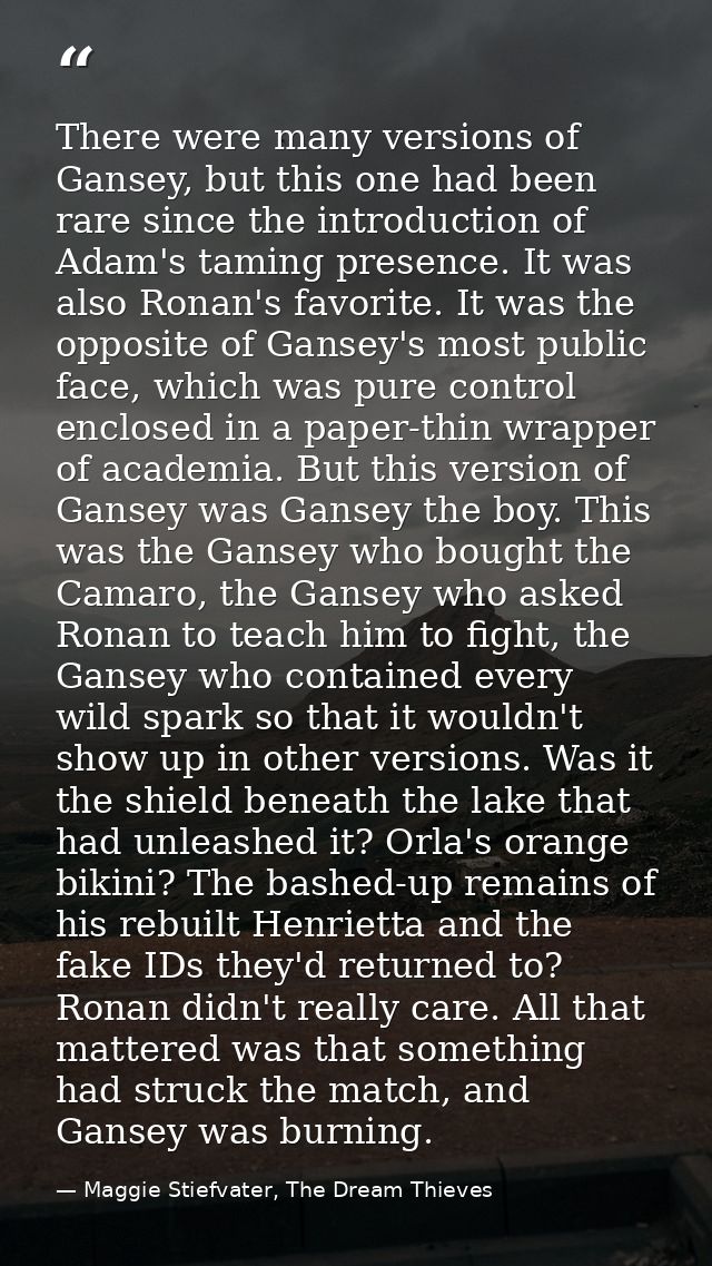 There were many versions of Gansey, but this one had been rare since the introduction of Adam's taming presence. It was  — Maggie Stiefvater, The Dream Thieves
