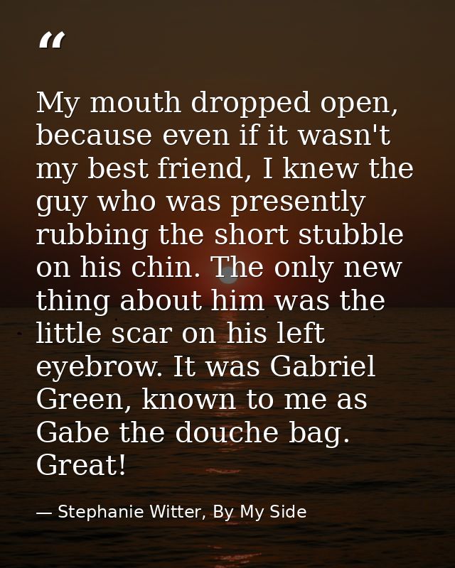 My mouth dropped open, because even if it wasn't my best friend, I knew the guy who was presently rubbing the short stub — Stephanie Witter, By My Side