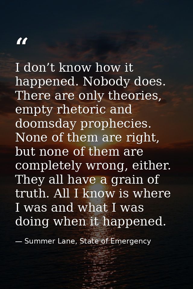 I don’t know how it happened. Nobody does. There are only theories, empty rhetoric and doomsday prophecies. None of them — Summer Lane, State of Emergency