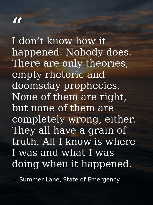 I don’t know how it happened. Nobody does. There are only theories, empty rhetoric and doomsday prophecies. None of them — Summer Lane, State of Emergency