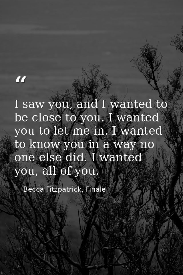 I saw you, and I wanted to be close to you. I wanted you to let me in. I wanted to know you in a way no one else did. I  — Becca Fitzpatrick, Finale